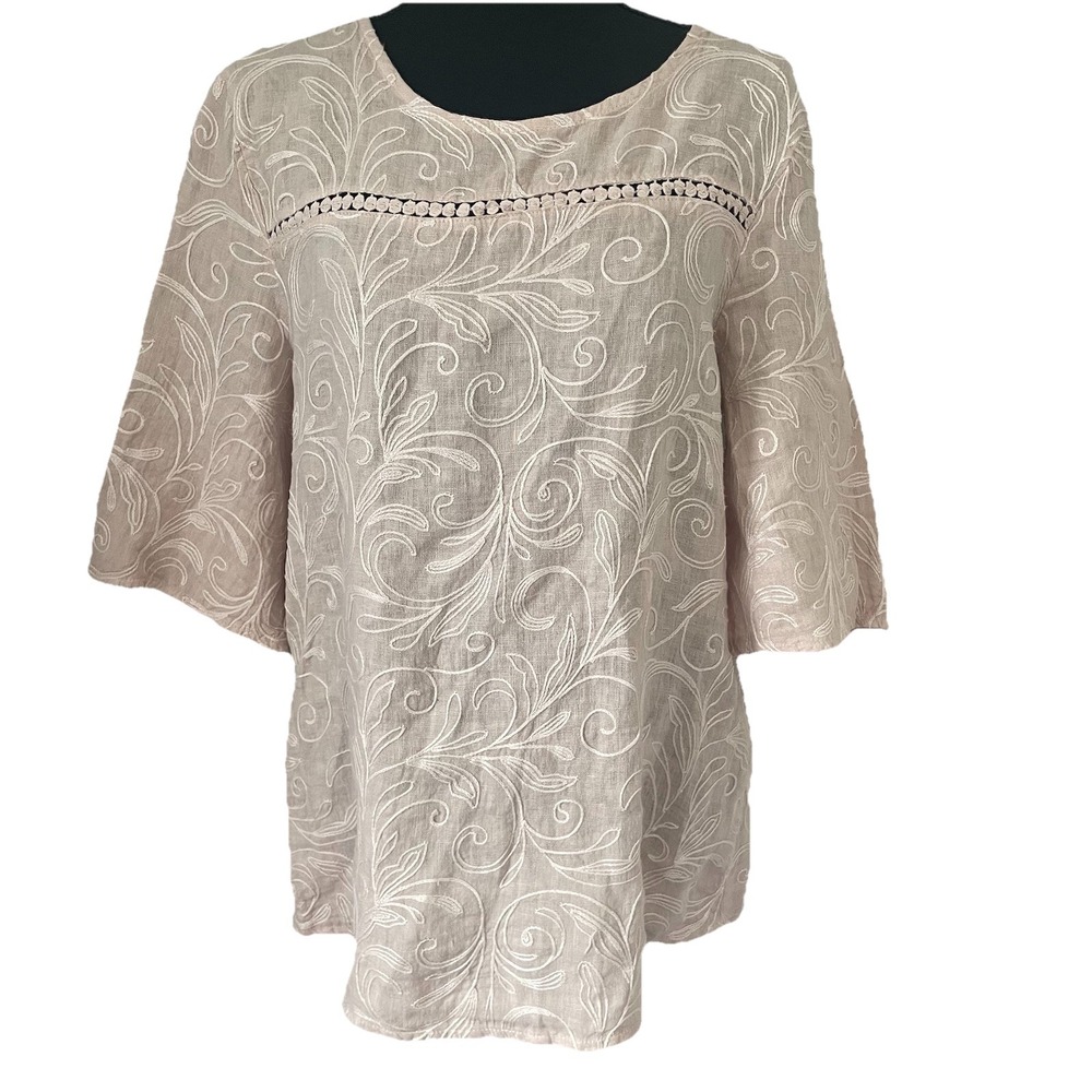SPIGHE‎ DI LINO Top Sz S 100% Linen Embroidered Crochet Trim Top Coastal ITALY